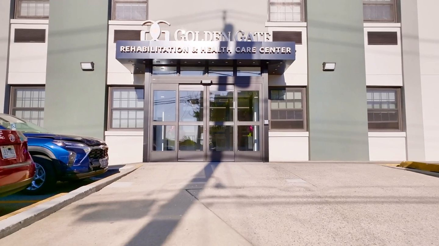 The new entrance of Golden Gate Rehabilitation & Health Care Center, with its sign above the doors